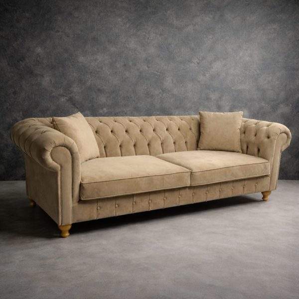 Modern Chesterfield Sofa 3 Seater Homefactree Modern Chesterfield sofa in beige with deep button tufting and solid oakwood frame Pakistan
