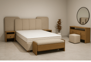Homefactree modern beige teak bedset wood king size bed with beige upholstered headboard and matching side tables.