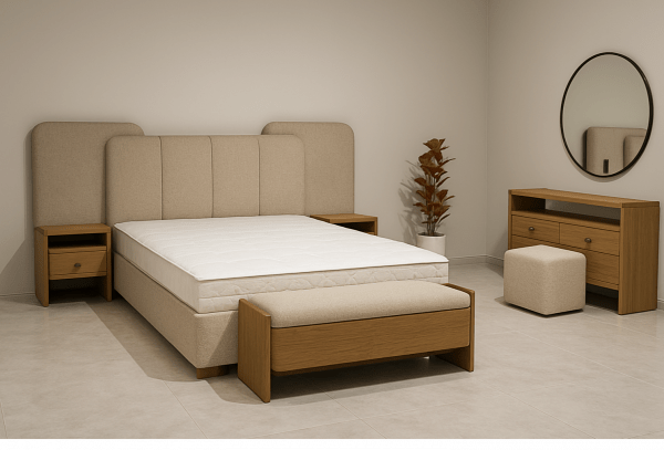 Homefactree modern beige teak bedset wood king size bed with beige upholstered headboard and matching side tables.