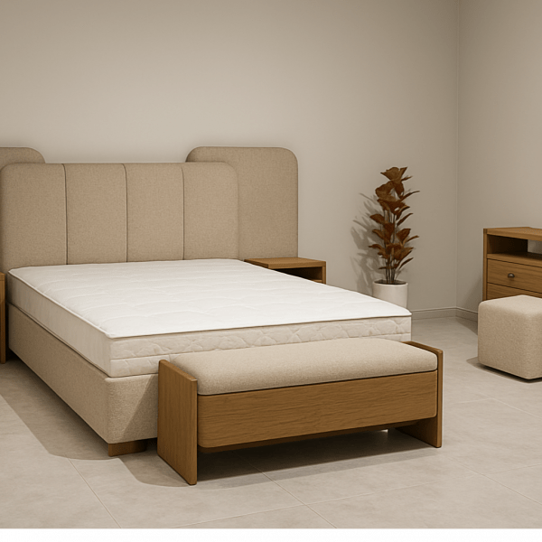 Homefactree modern beige teak bedset wood king size bed with beige upholstered headboard and matching side tables.
