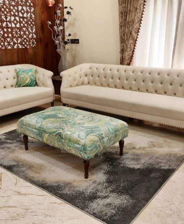 Premium tufted sofa set Pakistan with rolled arms and paisley cushions Elegant beige living room sofa design by Homefactree