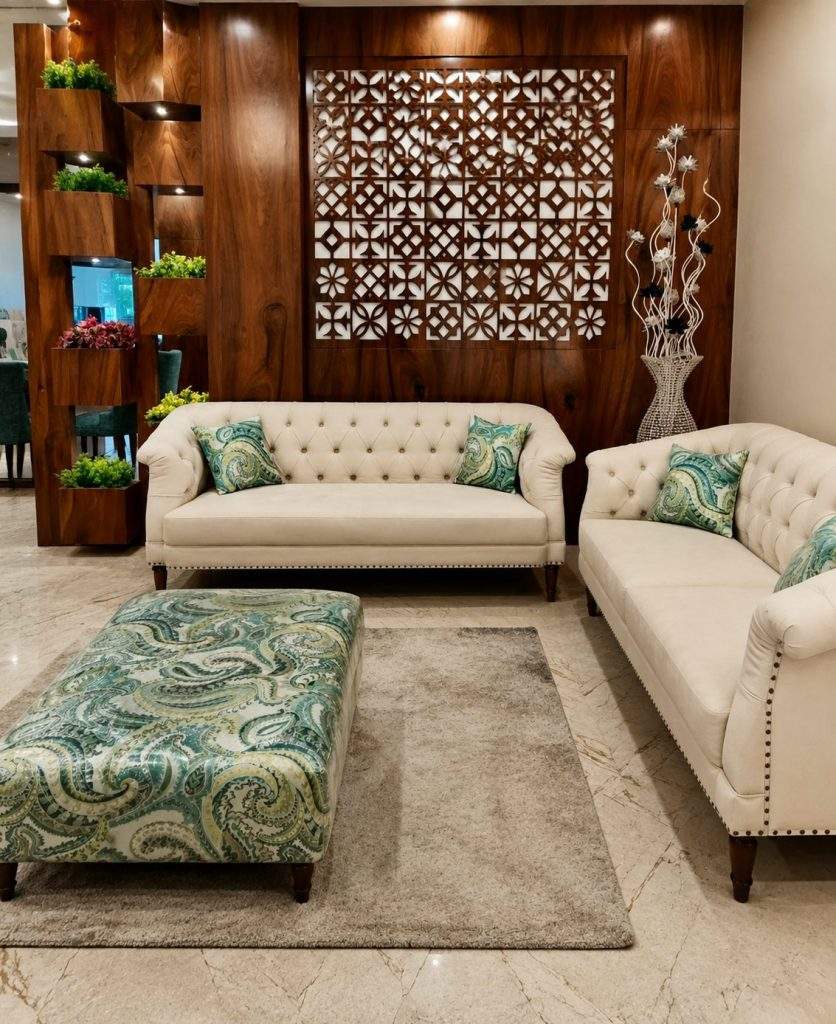 Luxury ivory beige Chesterfield 3 seater sofa by Homefactree in modern wooden interior