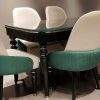 Modern trendy dining table set with six upholstered chairs crafted from solid Sheesham wood by Homefactree