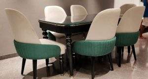 Modern trendy dining table set with six upholstered chairs crafted from solid Sheesham wood by Homefactree