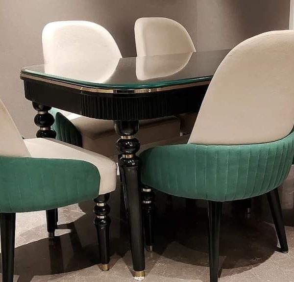 Modern trendy dining table set with six upholstered chairs crafted from solid Sheesham wood by Homefactree
