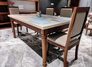Modern trendy dining table set with six upholstered chairs crafted from solid Sheesham wood by Homefactree