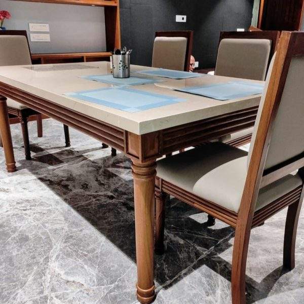 Modern trendy dining table set with six upholstered chairs crafted from solid Sheesham wood by Homefactree