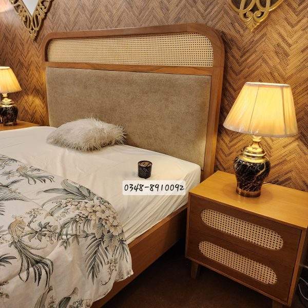 Luxury cane king size bed with upholstered headboard in Pakistan.