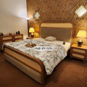 Modern cane king size bed with side tables and dresser in Pakistan by Homefactree.
