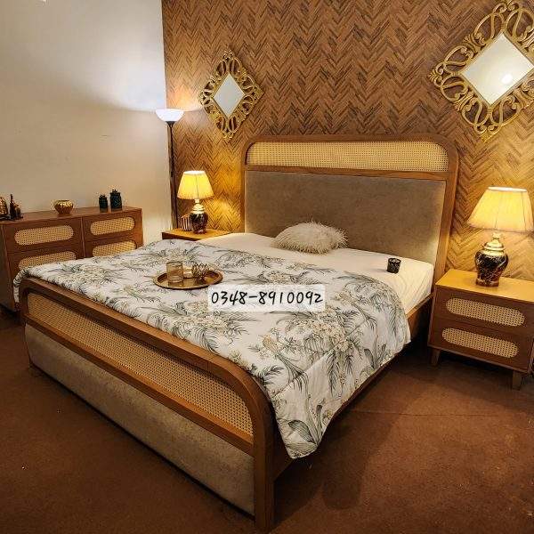Modern cane king size bed with side tables and dresser in Pakistan by Homefactree.