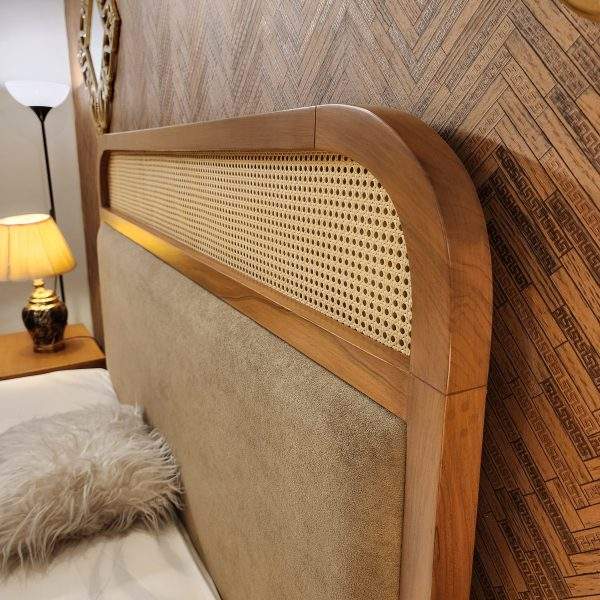 Upholstered cane headboard bed with modern design in Islamabad Pakistan.