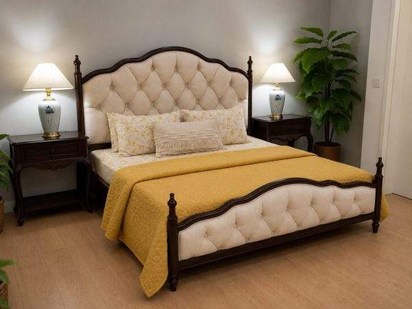Suomi Piller Bed with dark Sheesham wood frame and upholstered tufted headboard
