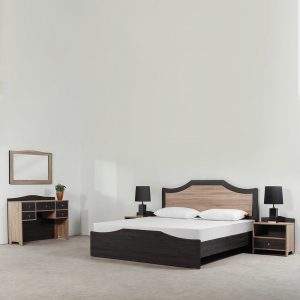 Best affordable bed Pakistan modern engineered wood bed set with side tables dresser and mirror