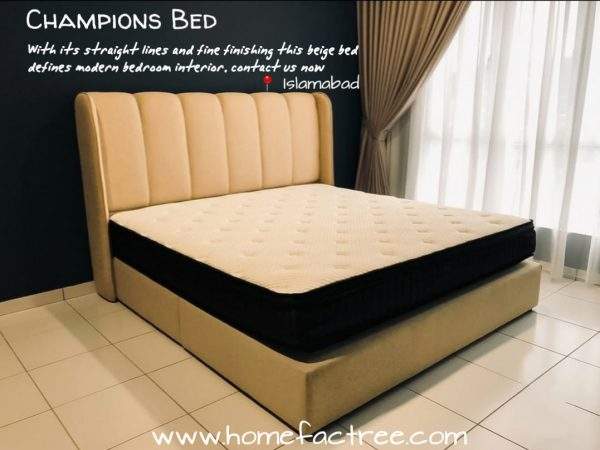 champion bed beige Modern beige Champions Upholstered Bed by Homefactree with vertical padded headboard displayed in a contemporary bedroom showroom.