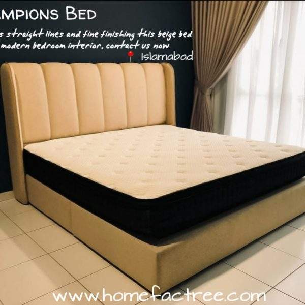 Modern beige Champions Upholstered Bed by Homefactree with vertical padded headboard displayed in a contemporary bedroom showroom.
