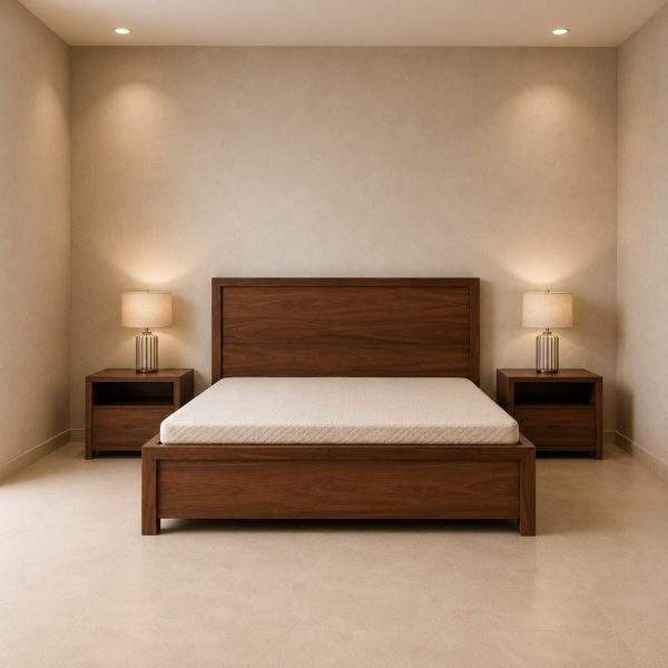 Espama Modern King Bed with Two Side Tables in Warm Walnut Brown Finish by Homefactree