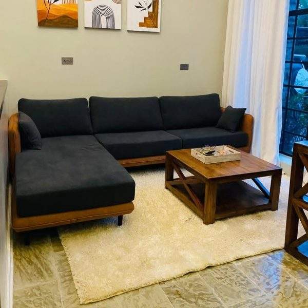 Lugano minimal sectional sofa in Pakistan with charcoal upholstery and wooden frame