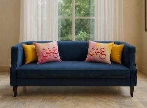 Modern blue sofa in Pakistan with navy upholstery and wooden legs