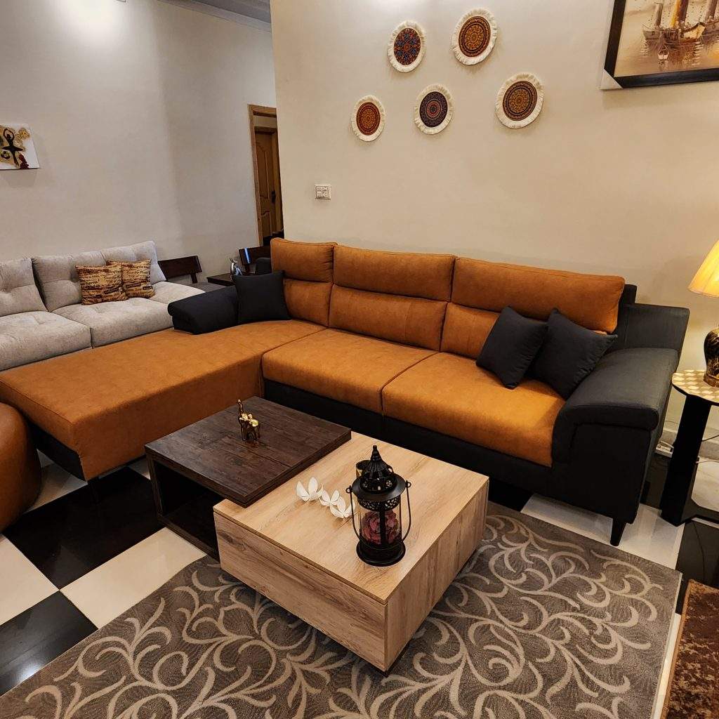 Rust charcoal sectional sofa in Pakistan, 9 x 6.5 ft L shaped living room sofa