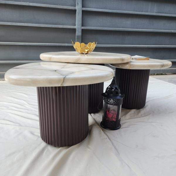 Scandinavian nested tables set of 3 with marble tops and wooden bases